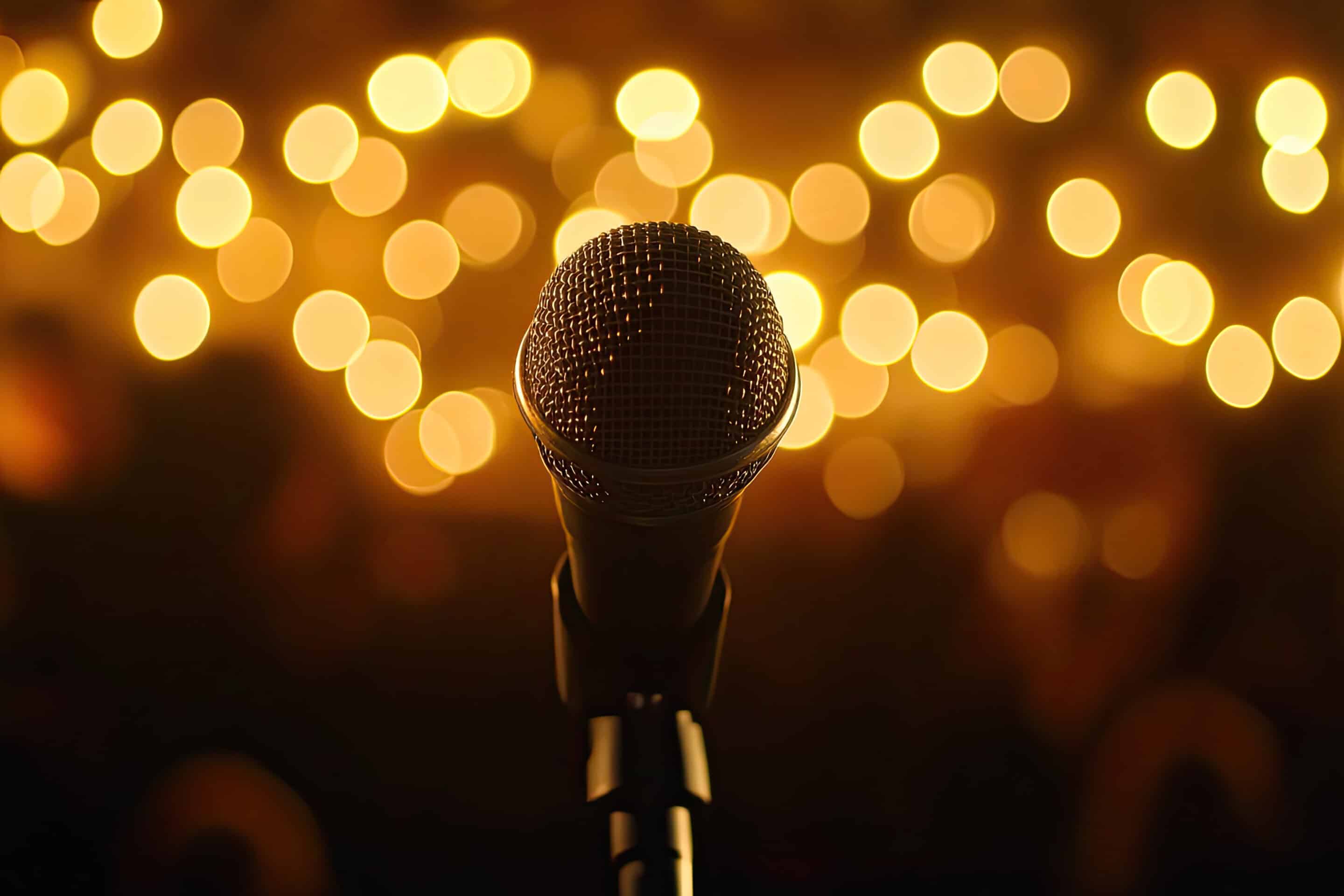 Open Mic pointing at you with lights in the background for you to perform.