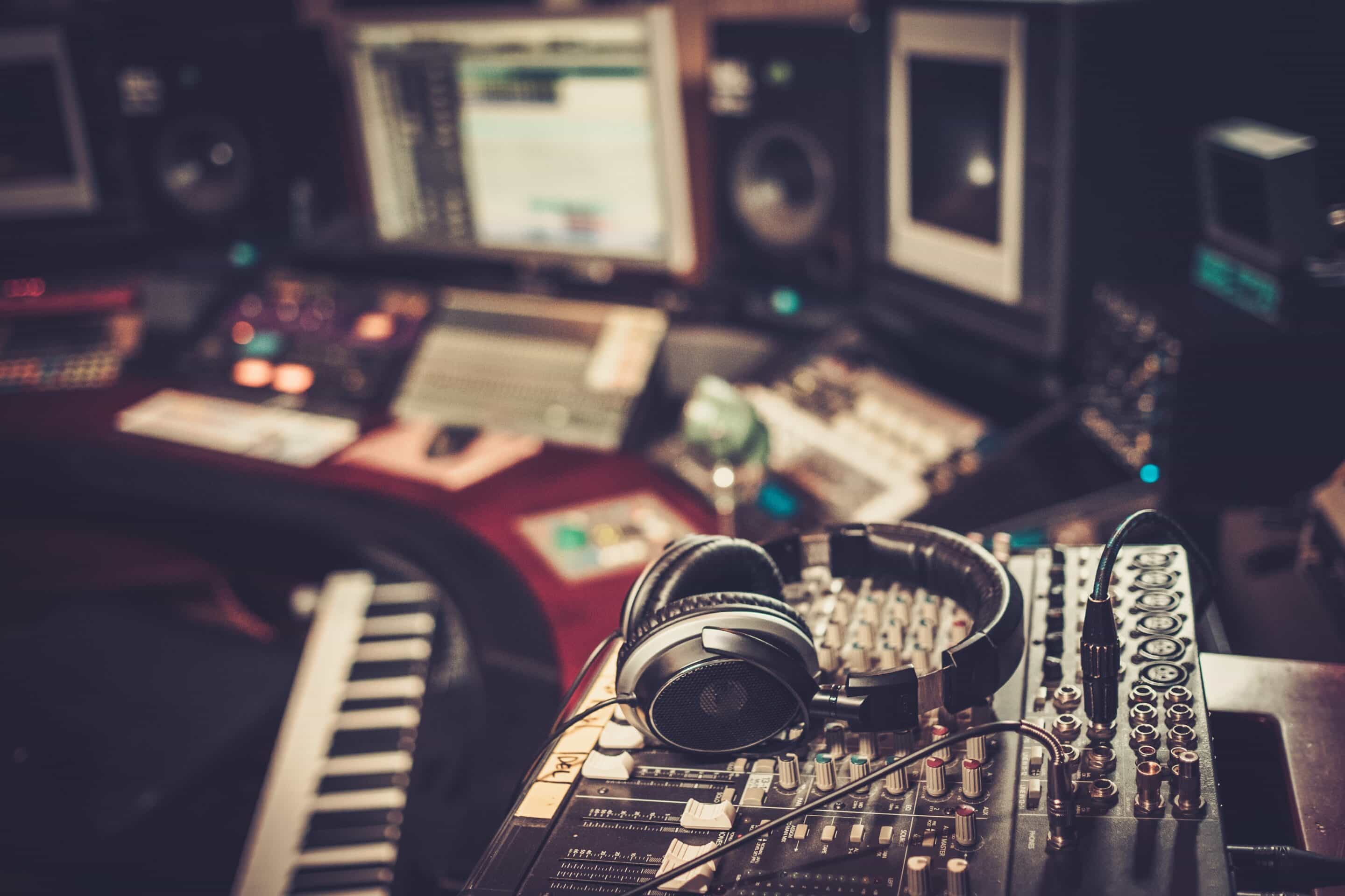 Close-up of boutique recording studio control desk.