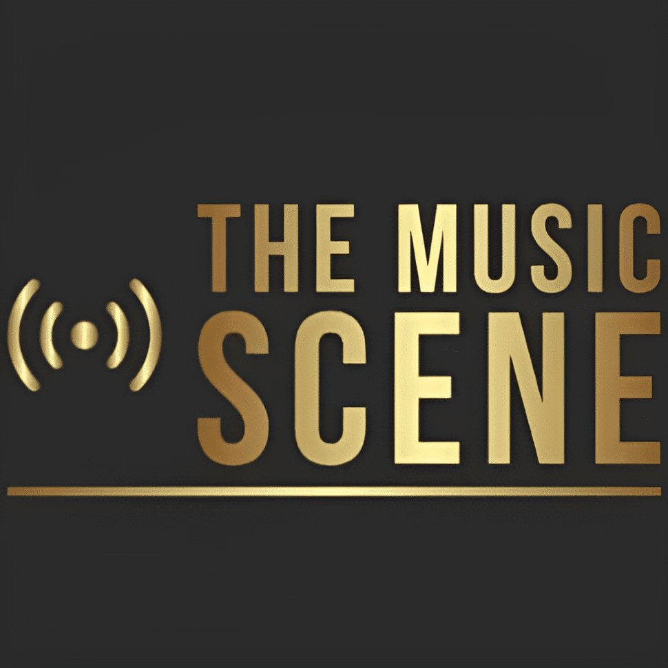 An image of The Music Scene logo, with a gray background and gold lettering.